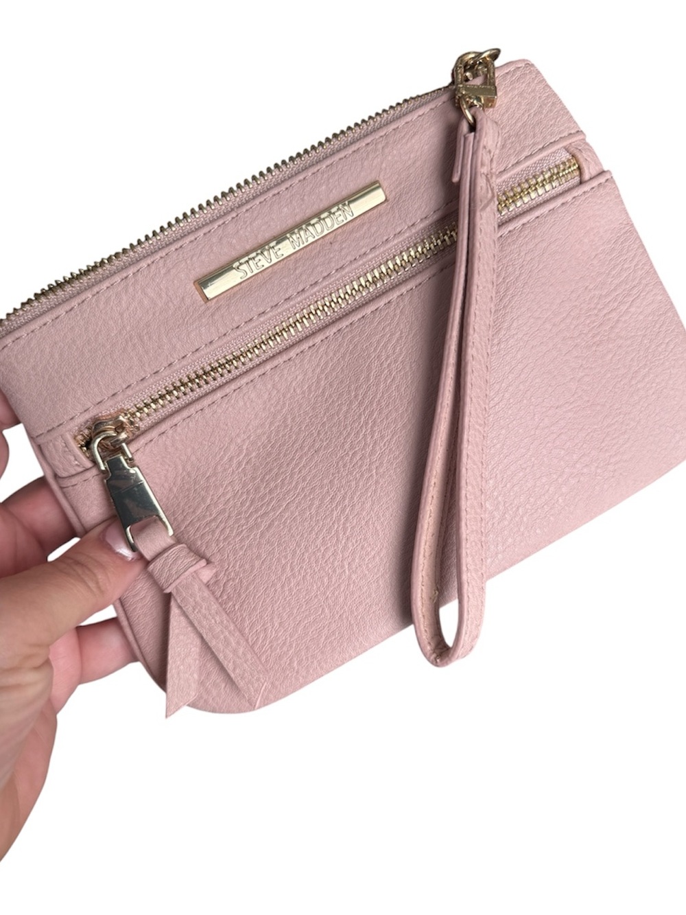 Steve Madden Blush Pink Wristlet leather purse clutch gold trim wallet